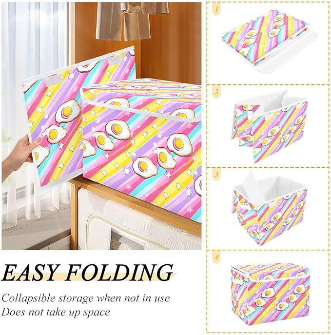 Stars Eggs Storage Cube Bins Basket with Lid Collapsible Flip-top Fabric with Handle for Home Bedroom Closet Office 16.5×12.6×11.8 in