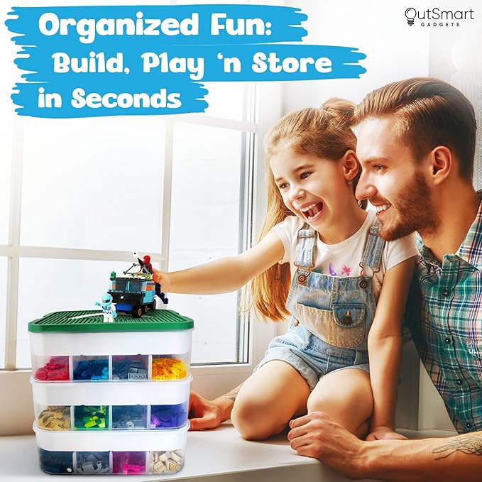 Stackable Toy Storage Organizer Bin for Lego Building Bricks Dolls and Crafts Organization Build on the Lid 3 Layer Adjustable Compartments Includes ABC Stickers and 2 Box Lids