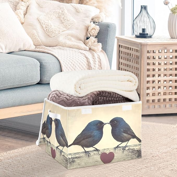 Storage Cube with Lid Valentine Birds Print 16.5×12.6×11.8 IN Collapsible Large Capacity Foldable Storage Basket Bin Organizer