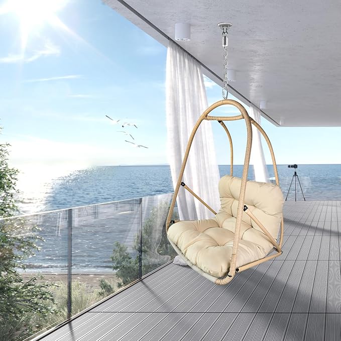 Without Stand Swing Egg Chair Indoor Outdoor Wicker Rattan Patio Basket Hanging Chair with C Type Bracket with Cushion and PillowPatio Wicker Folding Hanging Chair(Special Construction Cup Holder