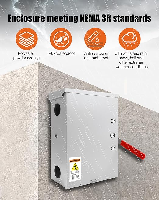 200 Amp Transfer Switch 3P 120/240V 48000W General-Duty Double-Throw Safety Switch Meeting NEMA 3R Standards for Outdoor and Indoor