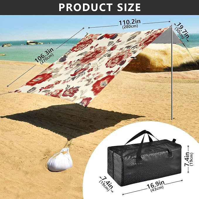 Vintage Floral Red Beach Tent Sun Shelter Set UPF50+ UV Protection 10.5 x 9.19 FT Camping Shade Canopy with Sandbags Sand Anchors Carrying Bag and Others