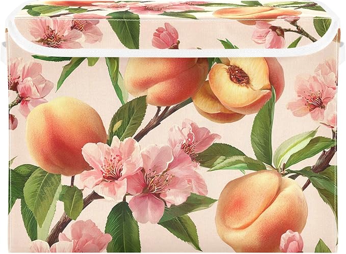 Collapsible Storage Bins with Lids Decorative Fabric Storage Cubes Closet Organizer and Storage Basket Boxes Containers for Clothes Box Chest Nursery Folding Rectangle Pink Peach Blossoms01