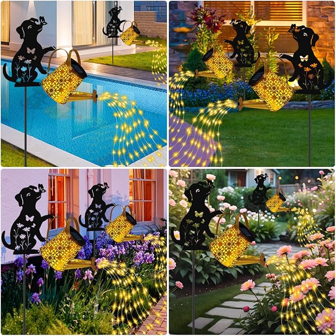 Solar Lights Outdoor Decorative Watering Can with Cascading Lights with Dog Silhouette Garden Stakes Waterproof Metal Garden Decor Mom 2 Pack