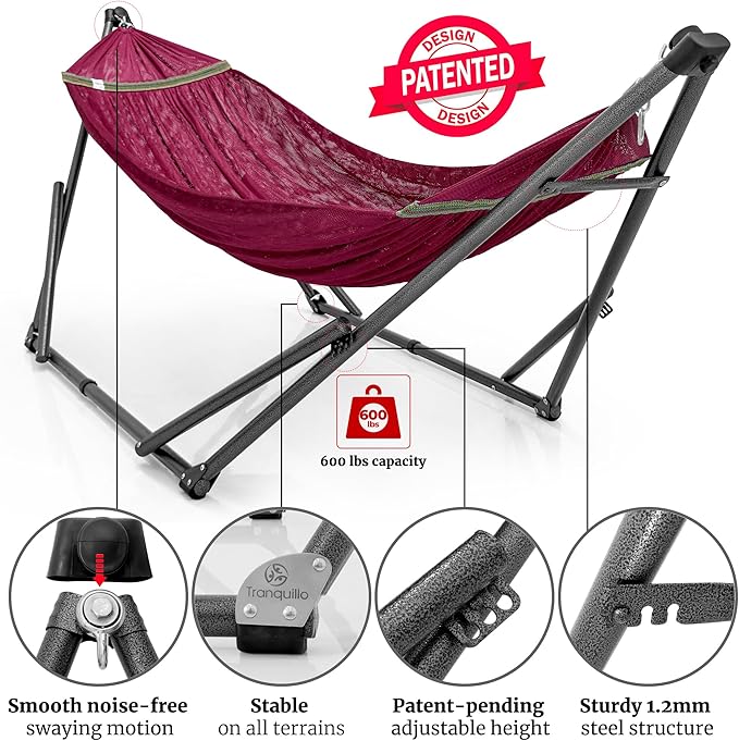 Tranquillo Combo x2 Hammocks with Stand for Outside &amp Tree Straps Heavy Duty Hammock with Stand 600lbs for Indoor Outdoor Patio Backyard x2 Hammocks for 2 Person (Combo - Red Medium)
