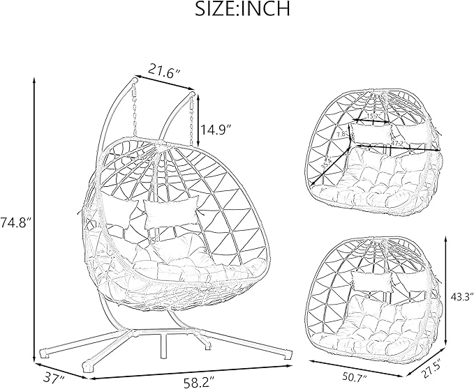 KEIKI Double Swing Egg Chair with Stand Patio Rattan Wicker Hammock Egg Chair with UV Cushion 2 Person Outdoor Indoor Hanging Basket Chair 660LBS Capacity for Balcony Dark Gray and Gray