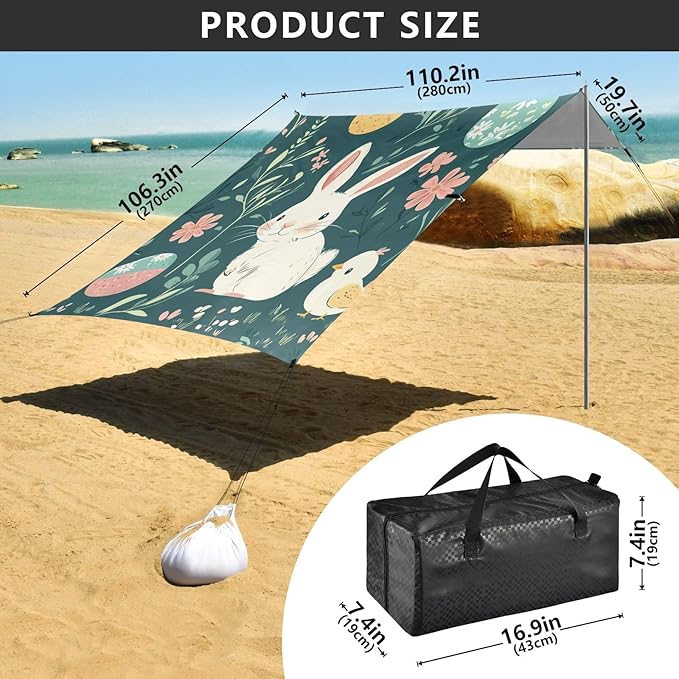ALAZA Rabbit Easter Egg Chick Flower Leaf Branch Beach Tent Sun Shelter Portable Canopy Sunshade for Outdoor Camping Picnics Backyard Fun 10x9 ft