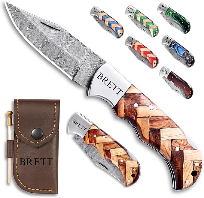 Custom Pocket Knife gifts for Men Personalized Damascus Folding Knife Engraved Gifts for Him Dad Boyfriend Husband Anniversary Groomsmen Gifts. Custom Knife for Camping Hunting Everyday Carry (