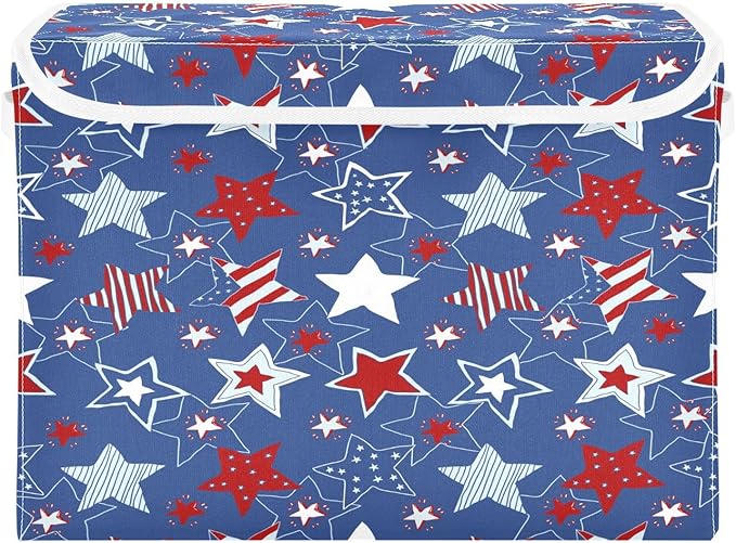 July 4th Patriotic Storage Bins with Lids Large Stars and Stripes Storage Basket with Handles Foldable Fabric Storage Box Organizer for Clothes Closet Cabinet Home Office Bedroom