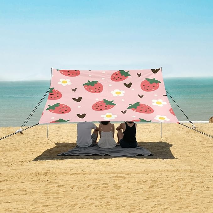Strawberry and Daisy Beach Tent Sun Shelter Set UPF50+ UV Protection 10.5 x 9.19 FT Camping Shade Canopy with Sandbags Sand Anchors Carrying Bag and Others