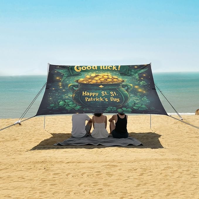St Patrick's Day Coin Pot Beach Tent Sun Shelter Set UPF50+ UV Protection 10.5 x 9.19 FT Camping Shade Canopy with Sandbags Sand Anchors Carrying Bag and Others
