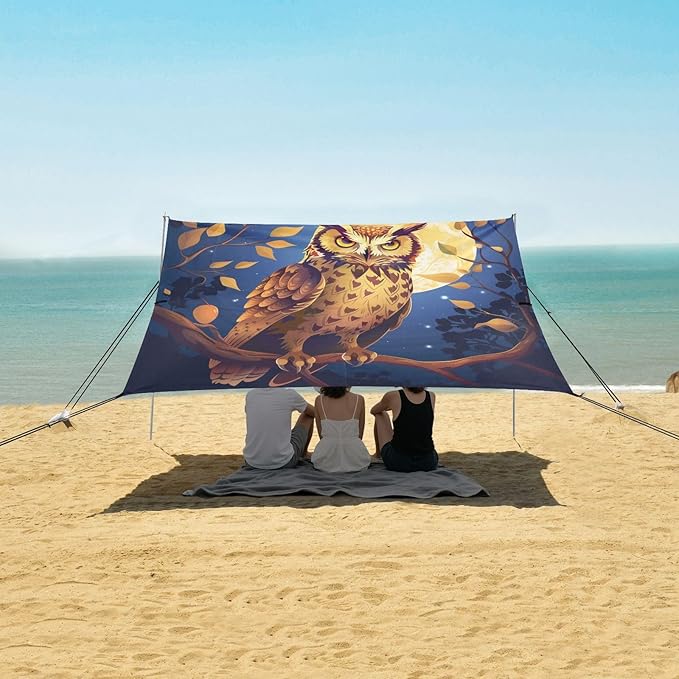 ALAZA Owl Starry Sky Moon Beach Tent Sun Shelter UPF50+ Protection Beach Shade Canopy w/ 4 Sandbags for Outdoor Camping Fishing Backyard Fun Picnic 10x9 ft