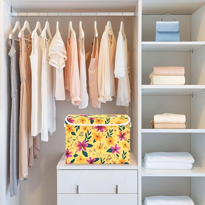 Bright Yellow Spring Flower Storage Box with Lid 1 PC Foldable Storage Bin with Lids Stackable Storage Bins Cube Closet Organizer Basket with Flip-Top Lid &amp Handles for Shoes Books Towels