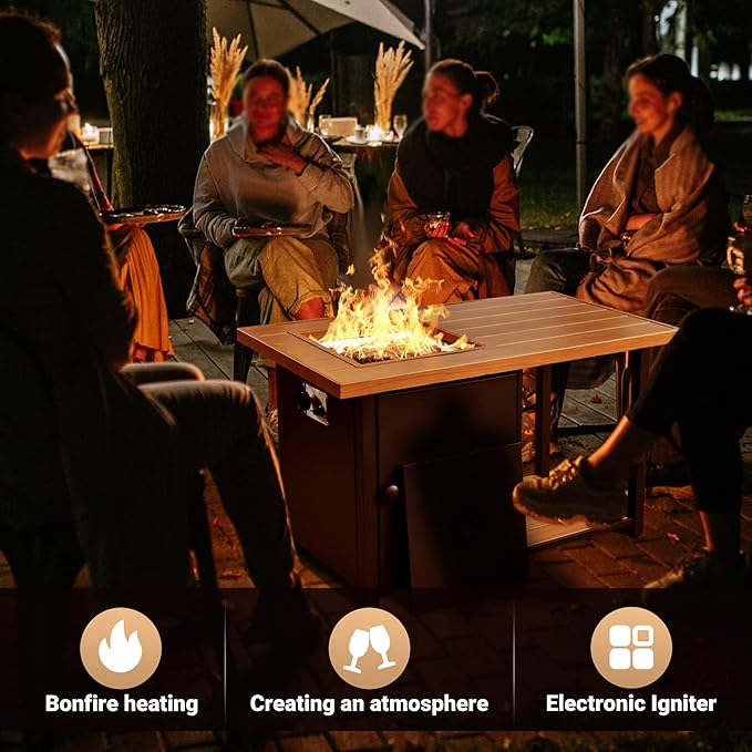 OVIOS 46 Inch Outdoor Patio Fire Pit Table 50000 BTU Heater Metal Steel Frame Propane Firepits with Storage Space Wood-Like Tabletop Waterproof Cover Lid Lava Rock Black