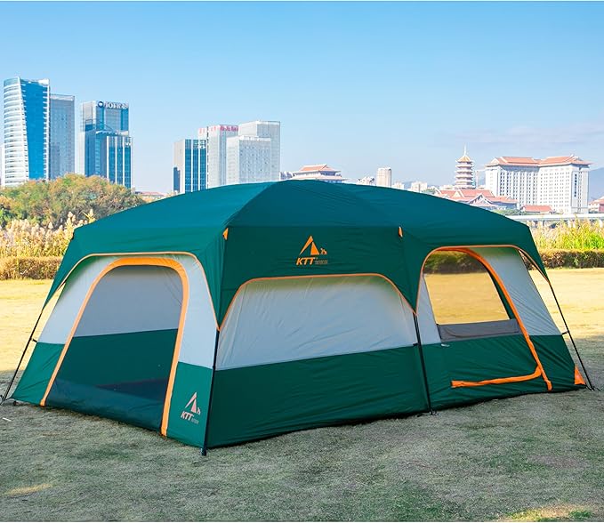 KTT Extra Large Tent 6-10-12-14 Person(A)Family Cabin Tents2 Rooms3 Doors and 3 Windows with MeshStraight WallWaterproofDouble LayerBig Tent for OutdoorPicnicCampingFamily Gathering