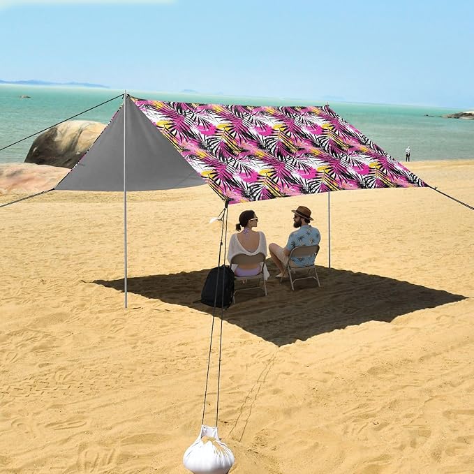 ALAZA Palm Leaf Graffiti Beach Tent Sun Shelter UPF50+ Protection Beach Shade Canopy w/ 4 Sandbags for Outdoor Camping Fishing Backyard Fun Picnic 10x9 ft