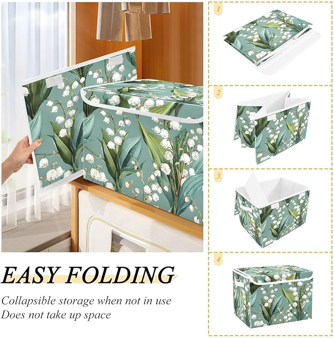 susiyo Large Foldable Storage Bin with Flip-Top Lid Lily Of The Valley Storage Box Collapsible Closet Organizer Containers Boxes Decorative Baskets with Handles for Home Bedroom Living Room Office