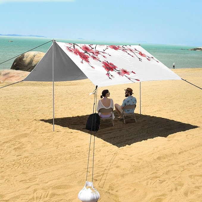 ALAZA Cherry Blossom Flower Red &amp Pink Beach Tent Sun Shelter UPF50+ Protection Beach Shade Canopy w/ 4 Sandbags for Outdoor Camping Fishing Backyard Fun Picnic 10x9 ft