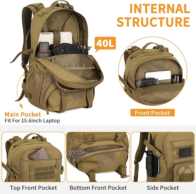 HUNTVP Military Backpack Hunting Rucksack Gear Tactical Backpack (Brown) standard