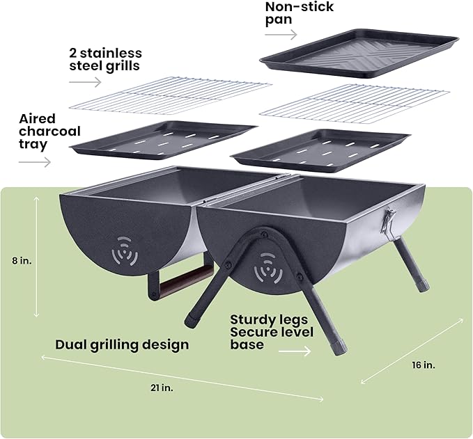 AGG Portable Charcoal Grill - 2-in-1 Tabletop BBQ &amp Griddle Combo - Compact Mini Barrel Grill for Camping Balcony &amp Tailgating - Includes Apron Heat-Resistant Gloves &amp Tongs -Small Outdo