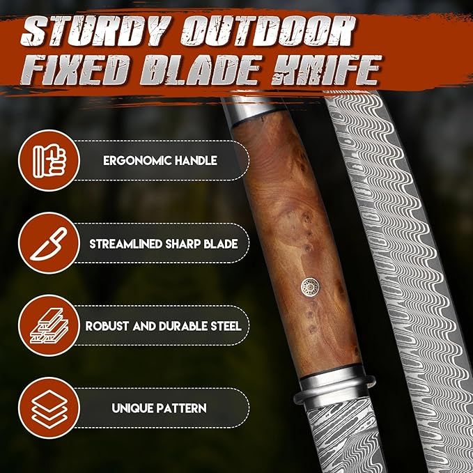 Dragon Creek Fixed Blade Tanto Knife - Wooden Handle Outdoor Survival Knife with Leather Sheath for Camping Hiking Gift Men