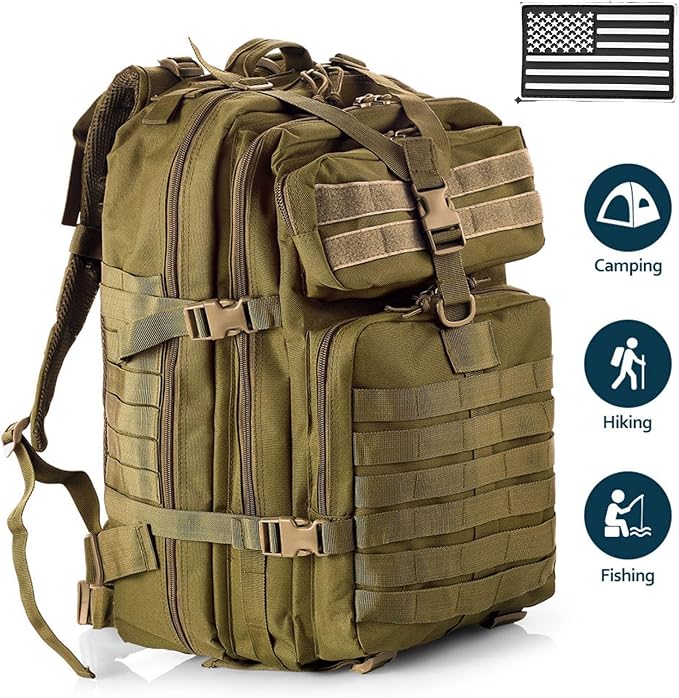 50L Sturdy Nylon Waterproof Fishing Hunting Backpack Outdoor Military Rucksacks Tactical Sports Camping Hiking Bags (Khaki)