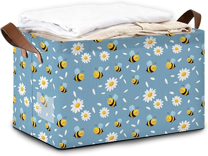 32L Large Storage Bins with Handles Basket Organizer for Shelves Closet Books Laundry &amp Home Decor (Bee Daisy)
