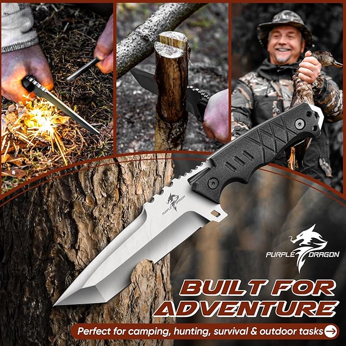 Purple Dragon Fixed Blade Knife with Kydex Sheath - D2 Steel Survival Knives for Camping Bushcraft - Ergonomic G10 Handle Outdoor Survival Gear Christmas Gift for Men and Women