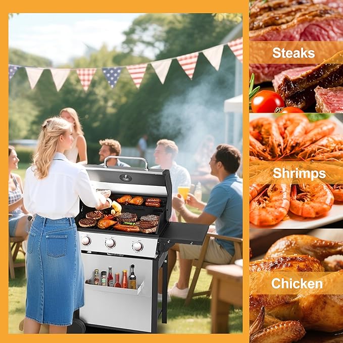 3-Burner Propane Gas Grill with Stainless Steel Cabinet - Outdoor BBQ Grill Side Table Knob Controls Cast Iron Grates &amp Thermometer