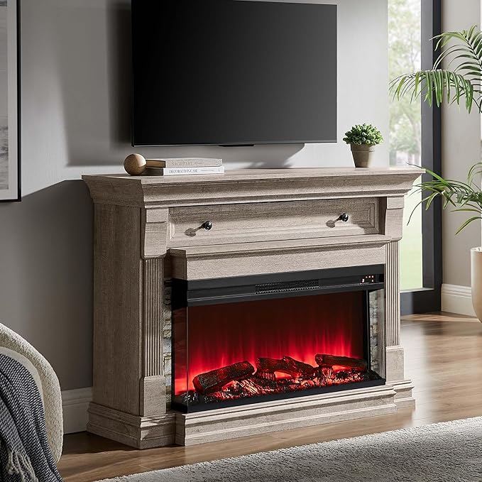 OKD 52 Inch Electric Fireplace with Mantel Fireplace TV Stand with 36 3-Sided Glass Electric Fireplace Heater for Living Room (Light Rustic Oak)
