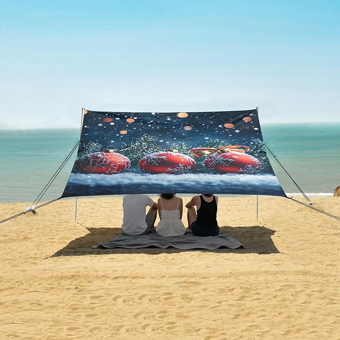 ALAZA Three Red Christmas Balls Beach Tent Sun Shelter Portable Canopy Sunshade for Outdoor Camping Picnics Backyard Fun 10x9 ft