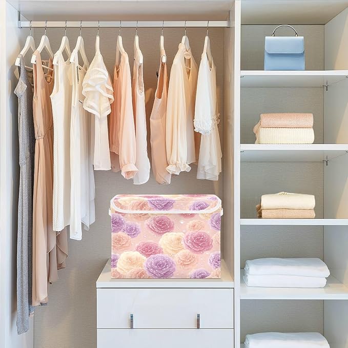 Storage Bins With Lid Stackable Fabric Closet Organizer Clothing Storage Large Boxes For Closet Shelves Bedroom Pink Roses Specks Dots Highlights