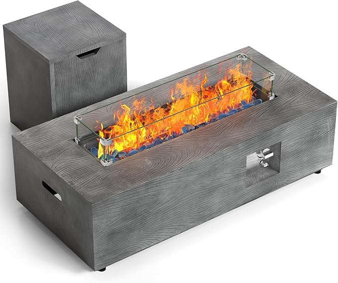 SUNPEAK 42 Rectangular Propane Fire Pit Table 50000 BTU Fireplace Table with Wind Guard Lid Rocks and Cover - Fire Pits &amp Outdoor Fireplaces - Gas Fire Pits for Outside Patio (Charred Oak 42