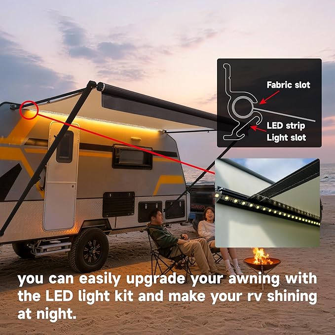 Suncode RV Awning for RVCamper&ampTravel Trailers–Manual RV Awning Complete KitManual Camper AwningRV Roll Out Awning– 11x8Ft – Black Frame &ampBlue Strip