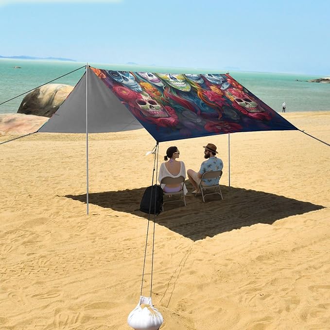 ALAZA Sugar Skulls Day of Dead Beach Tent Sun Shelter UPF50+ Protection Beach Shade Canopy w/ 4 Sandbags for Outdoor Camping Fishing Backyard Fun Picnic 10x9 ft