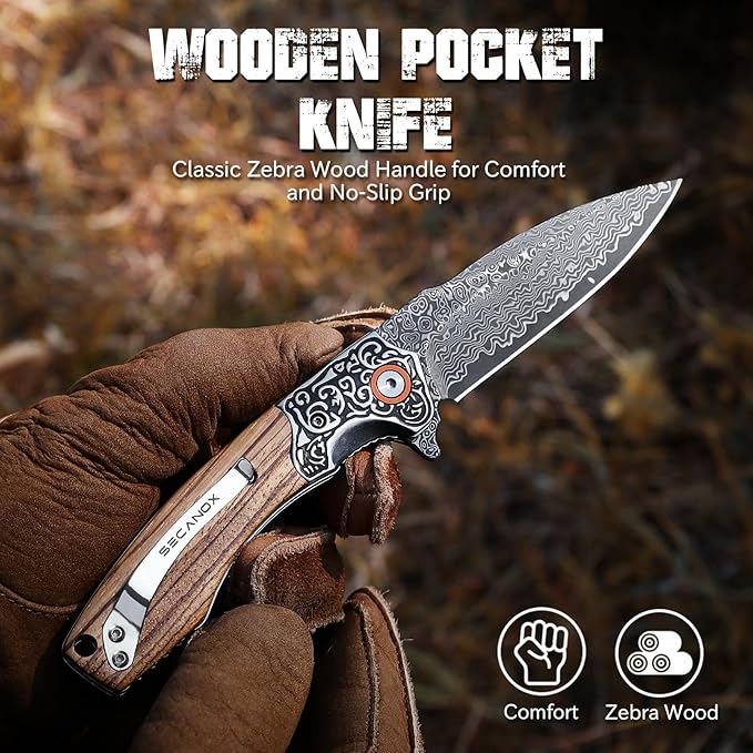 Damascus Pocket Knife for Men Folding Knives with Wooden Handle &amp 3.34 Sharp Damascus Steel Blade EDC Knifes for Camping Hiking Collection