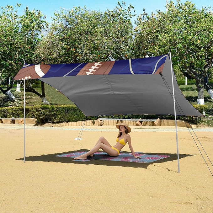 xigua Rugby Beach Tent Sun Shelter with Carrying Bag - Silver Coated Oxford Fabric Beach Canopy for Beach Camping Fishing - Includes Windproof Ropes Sandbags &amp Stakes