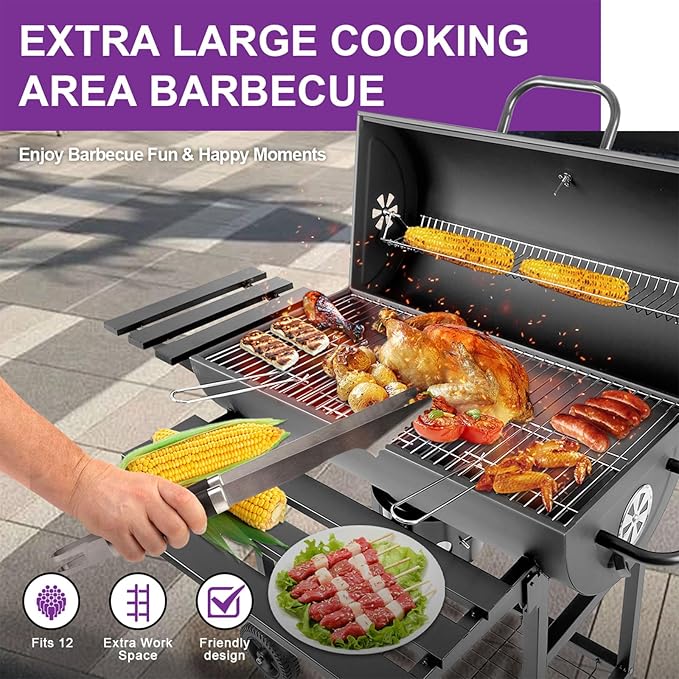 Charcoal BBQ Grill with Thermometer &amp Foldable Side Table 565 sq in Cooking Space Large Charcoal Grills Barrel Charcoal Grills for Backyards Picnic Cookouts