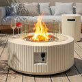 36inch Outdoor Propane Fire Pit Table Set - 3-Piece Round Concrete Natural Gas Firepit with Tank Cover Wind Guard Rain Cover 50000 BTU Modren Fire Table for Outside Patio Backyard - Beige