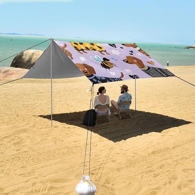 ALAZA Purple Background Dog Pattern Beach Tent Sun Shelter Portable Canopy Sunshade for Outdoor Camping Picnics Backyard Fun 10x9 ft