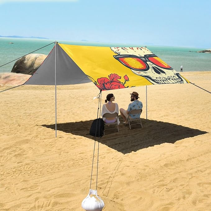 Mexican Style Cinco De Mayo Sunglasses Dia De Muertos Skull Beach Cabana UPF50+ Lightweight Large Sun Shelter with Sandbags Sand Shovel Poles for Camping Picnics Backyard