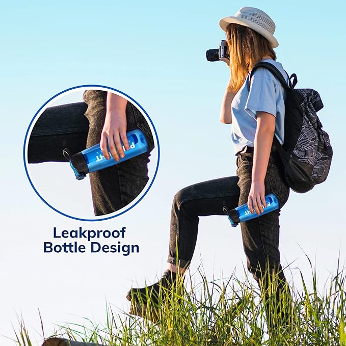 Survival – 4-Stage Water Filter Bottle BPA-Free 22oz Camping Water Bottle with Built-In Compass Travel and Emergency Preparedness Gear Purple