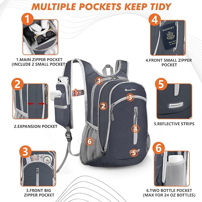 Seektop Small Hiking Backpack Expandable 12L-15L Lightweight Packable Waterproof Daypack with Phone Pocket for Women Men