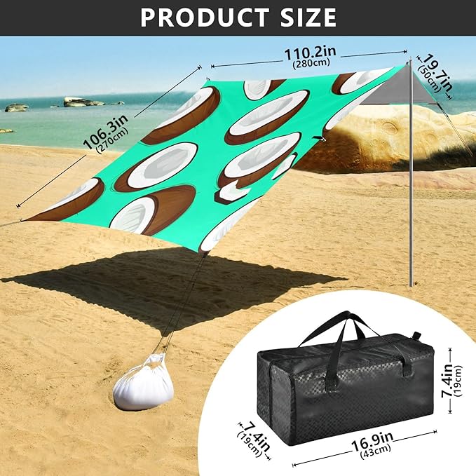 xigua Coconuts Beach Tent Sun Shelter with Carrying Bag - Silver Coated Oxford Fabric Beach Canopy for Beach Camping Fishing - Includes Windproof Ropes Sandbags &amp Stakes