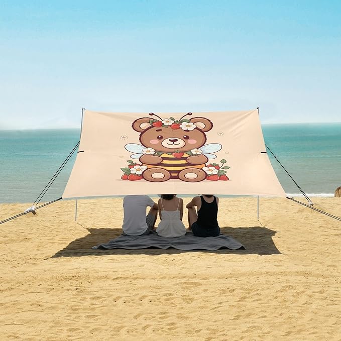 Floral Bear with Strawberry Beach Tent Sun Shelter Set UPF50+ UV Protection 10.5 x 9.19 FT Camping Shade Canopy with Sandbags Sand Anchors Carrying Bag and Others