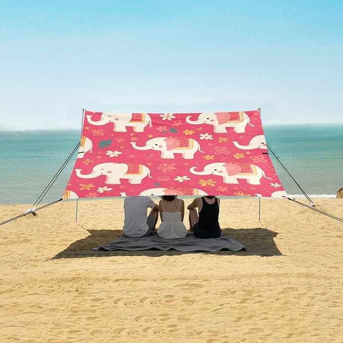 Cartoon Cute Elephants Pink Foldable Beach Canopy UPF50+ Protection Easy Setup Large Portable Sun Shelter with Sandbags &amp Sand Shovel for Family Trips Picnics &amp Camping