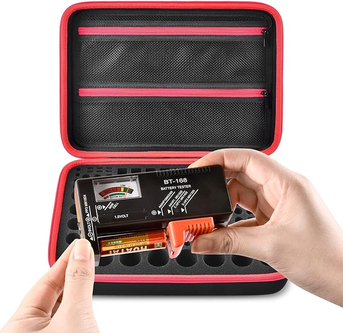Boobowl Battery Organizer Case with Tester - Universal Storage Box for 162+ AA AAA C D 9V &amp Button Cells - Fire-Preventive Foam Design for Home Emergency &amp Garage Organization (Red)