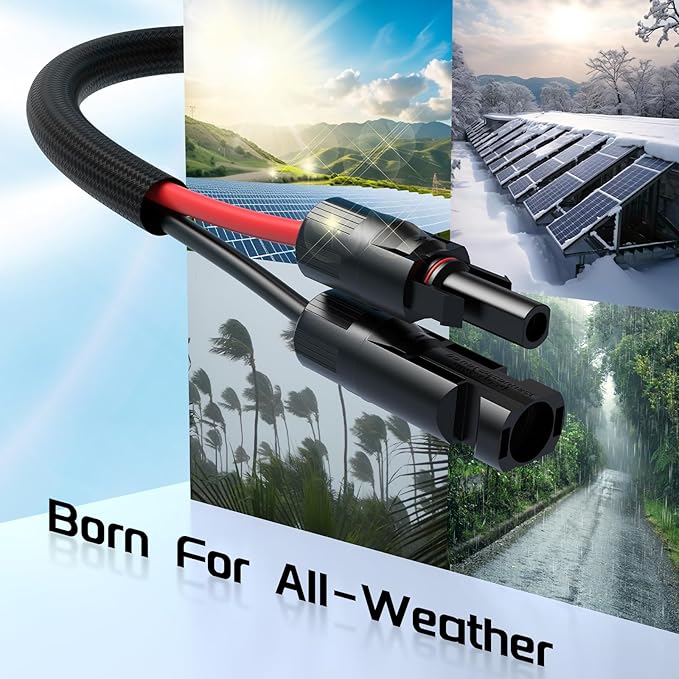 Bateria Power 10AWG 20FT Twin Wire Solar Panel Extension Cable 10 Gauge PV Wire with IP68 Female &amp Male Waterproof Connectors Flame Retardant Protective Sleeving and Dust Caps for Home RV