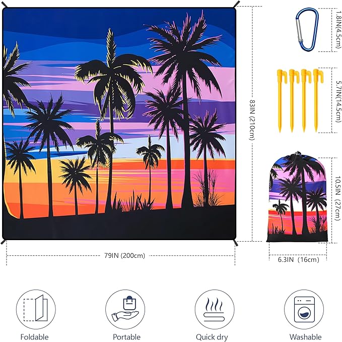 Beach Blanket Waterproof Sandproof Beach Mat 79 X 83/10'x9'for 2-8 Adults Quick Drying Outdoor Picnic Mat Beach Accessories for Travel Camping Hiking