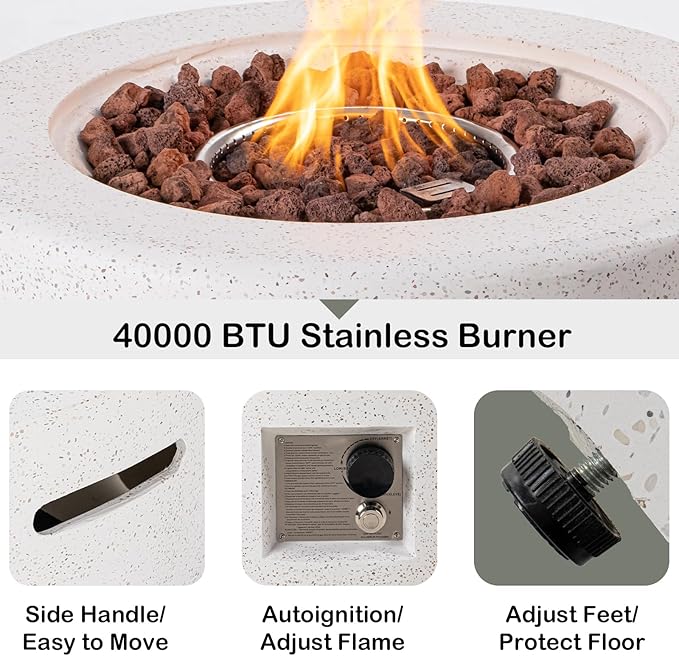 HOMPUS Round Fire Pit Table Outdoor Propane Fire Pit Table w Free Lava Rocks &amp Rain Cover Terrazzo Colorful Fire Pit w Wind Guard for Patio Outside